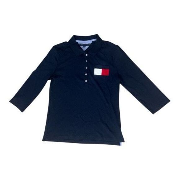 Tommy Hilfiger Women Navy Blue Polo Collar T-Shirt Size L Long Sleeve Badge Logo - Picture 2 of 12
